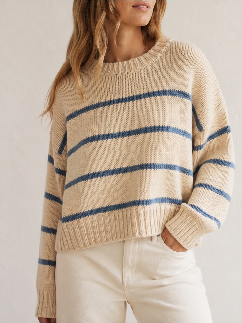 Jenni Kayne 100% Cotton Chunky Knit Striped Sweater Oversized Cropped Chloe XS